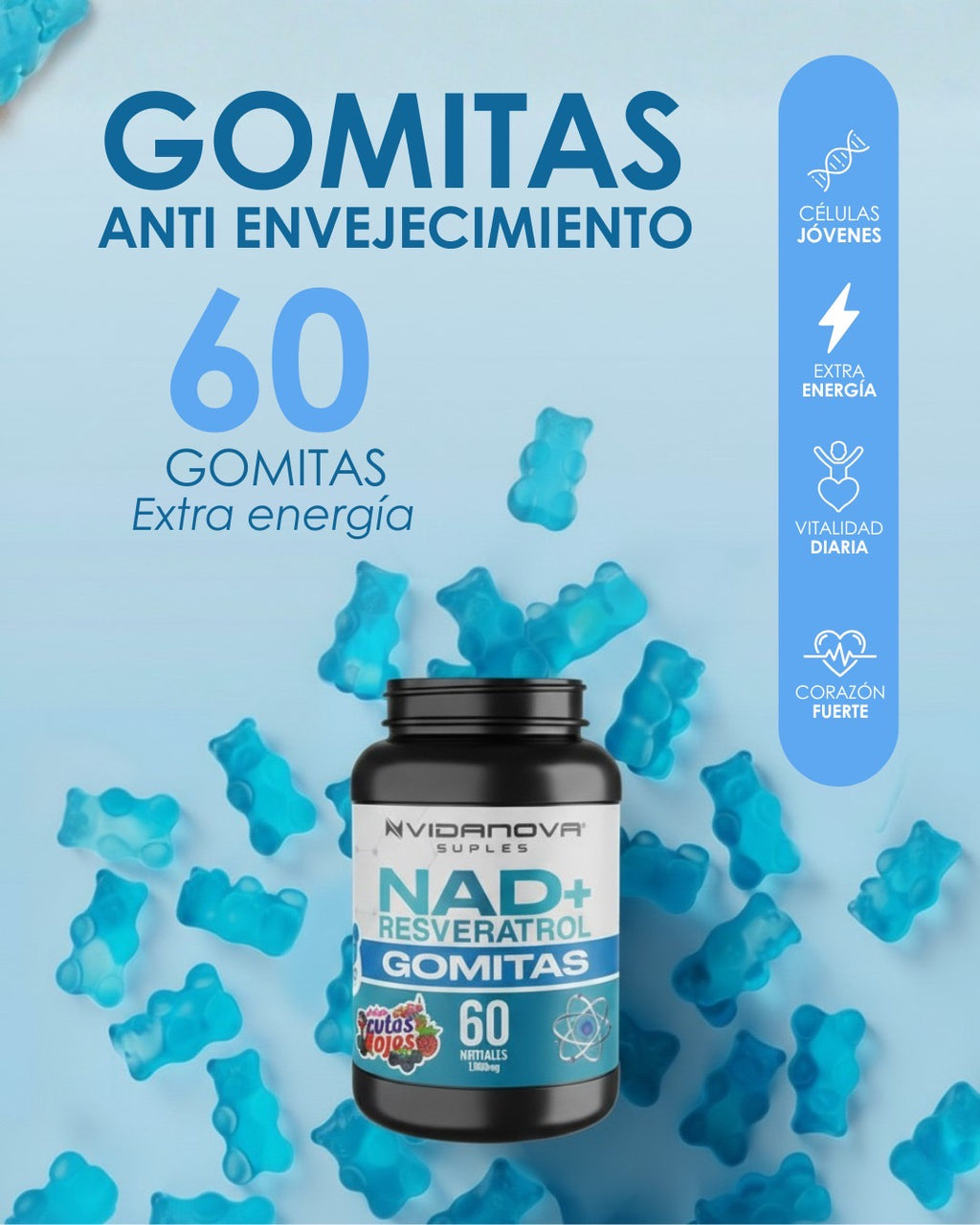 Nad + Resveratrol Gomitas Sabor Frutos Rojos 1000mg