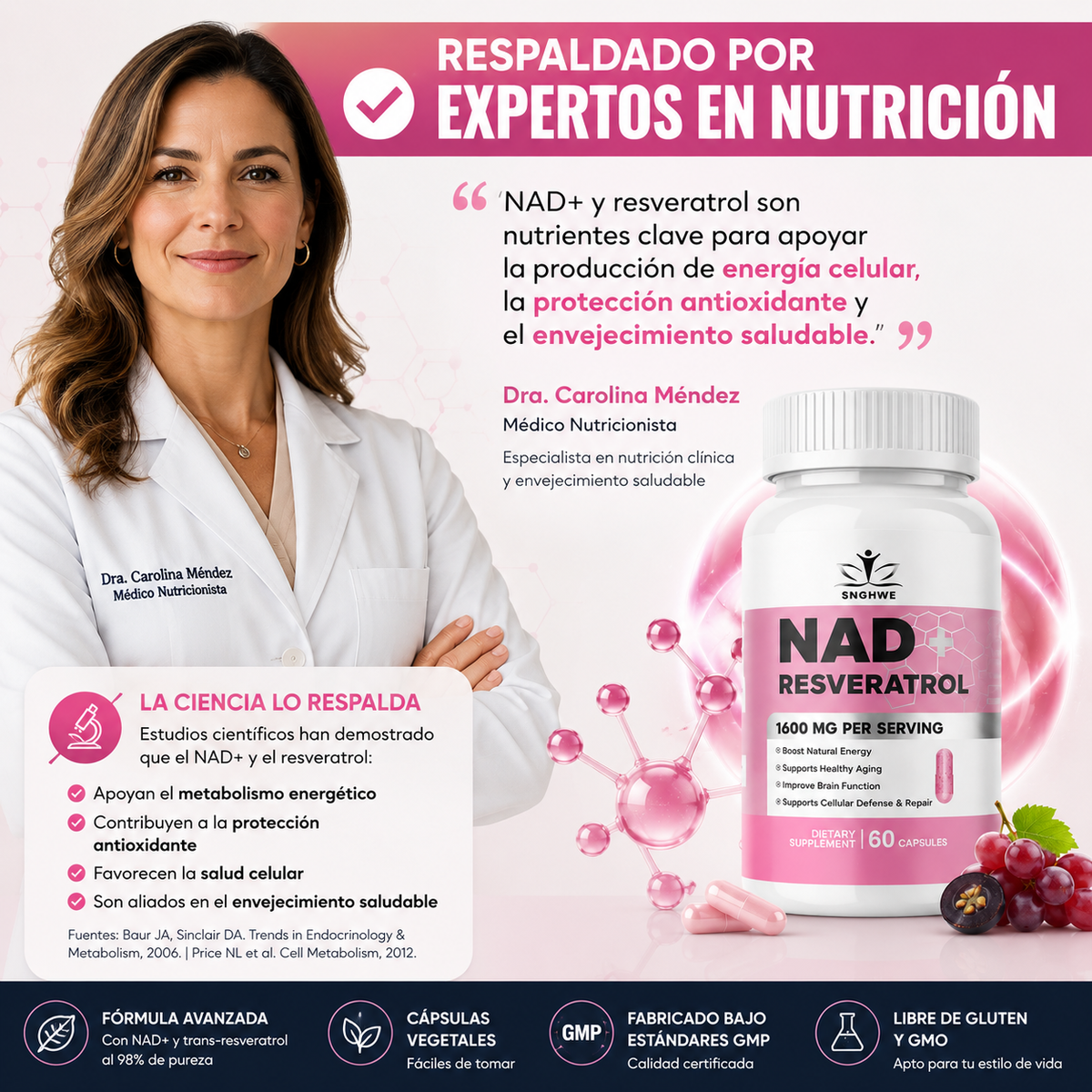 NAD + Resveratrol 1600 MG Antioxidante 60 Caps