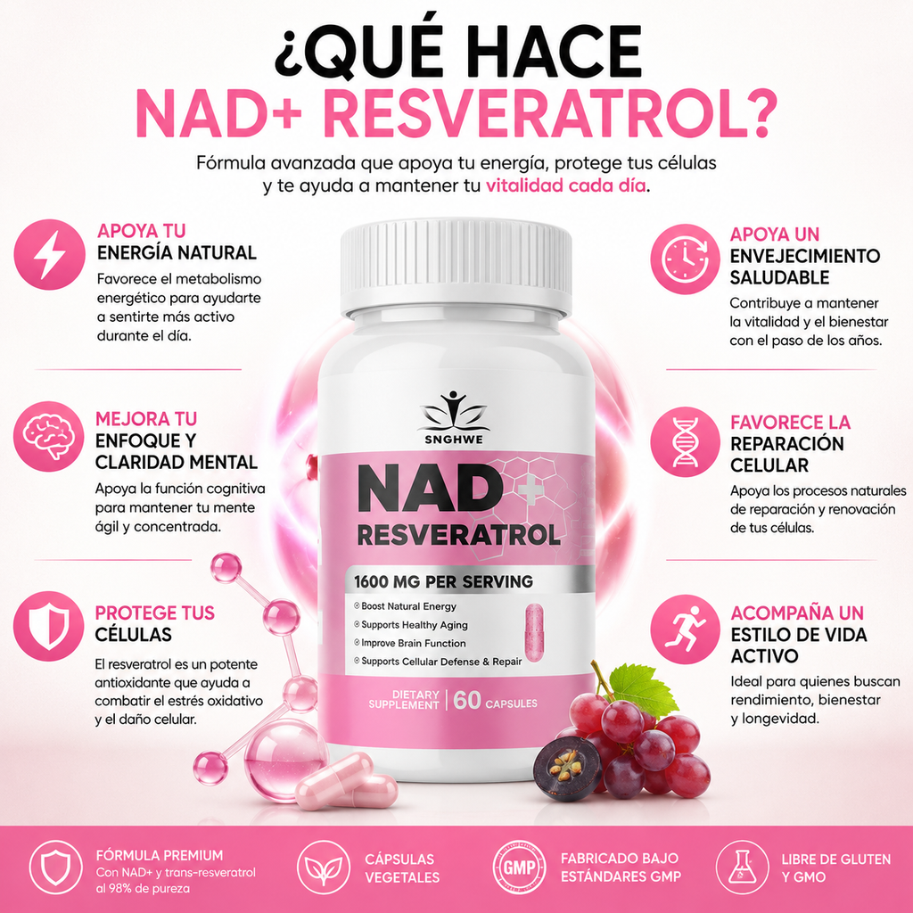 NAD + Resveratrol 1600 MG Antioxidante 60 Caps