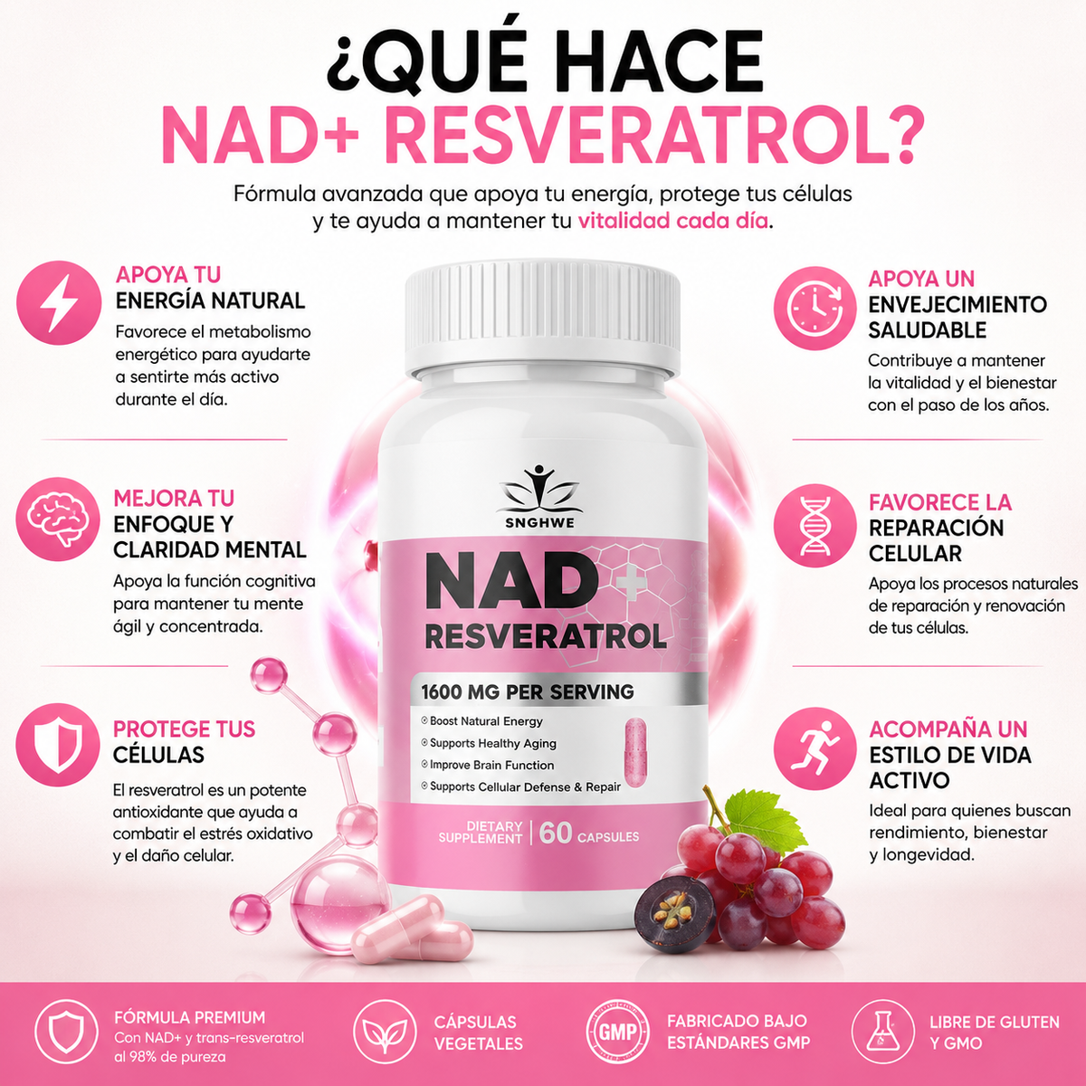 NAD + Resveratrol 1600 MG Antioxidante 60 Caps