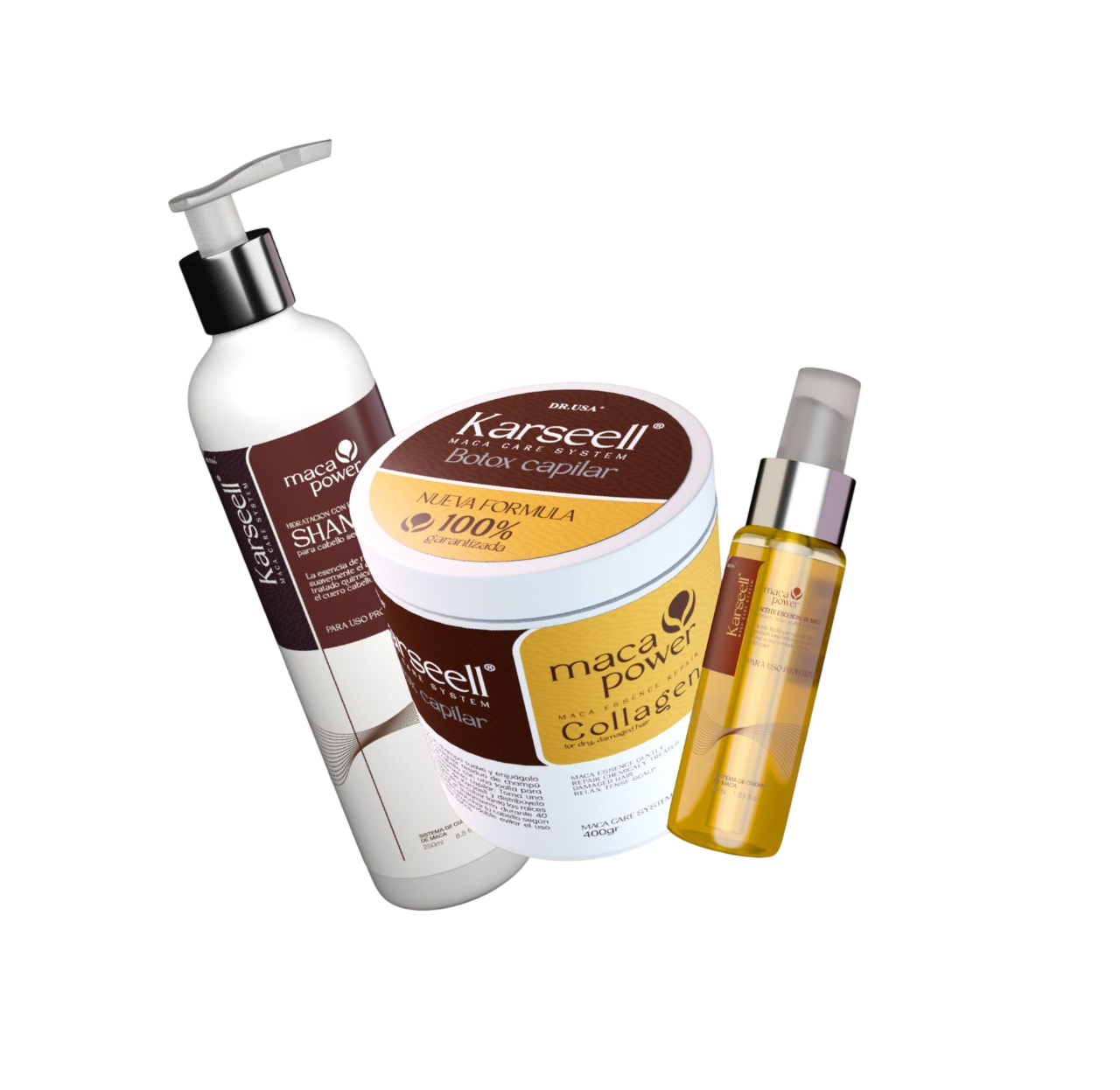 Kit de tratamiento con colágeno Karseell: Shampú, Aceite Esencial y Mascarilla