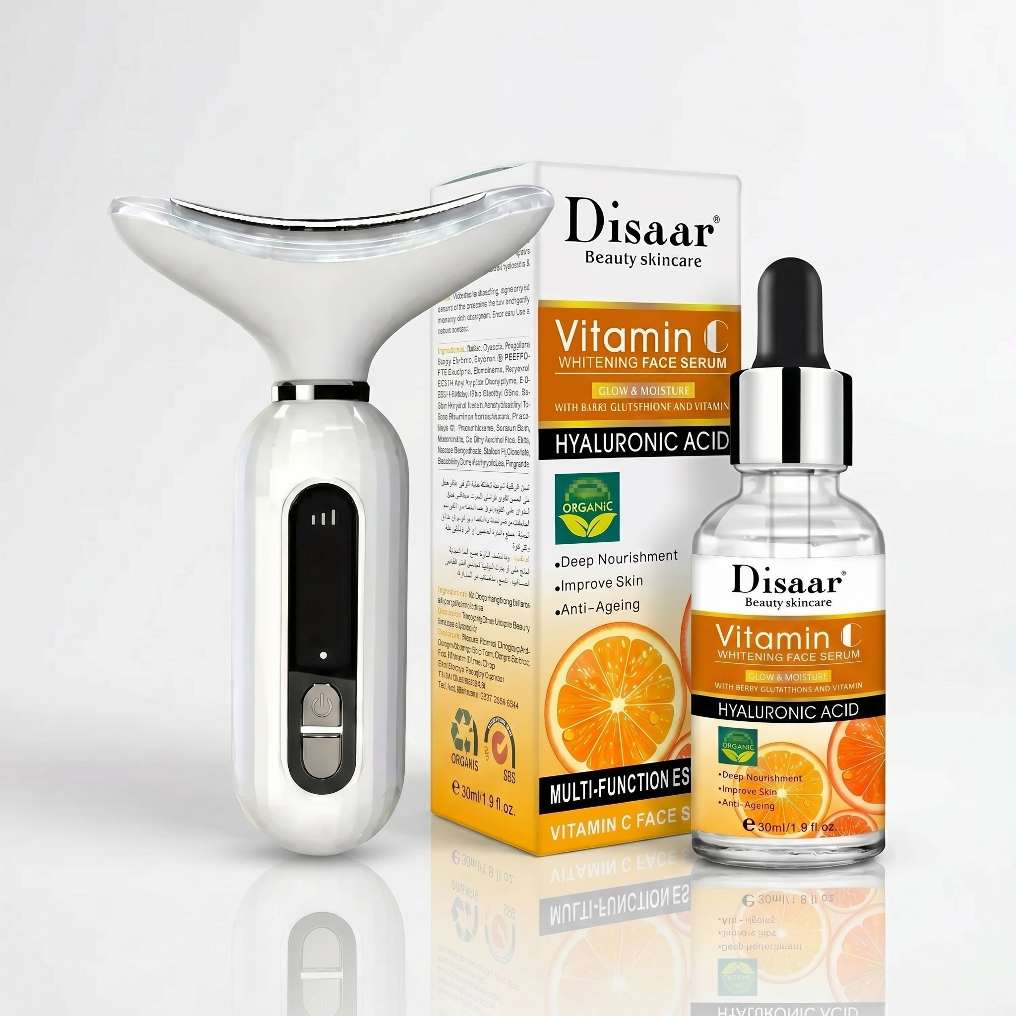 Kit Masajeador Cuello y Cara Antiedad LED + Serum Vitamin C